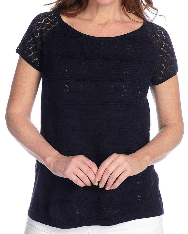 NUEVO - Suéter OSO Casuals® Tejido Texturizado y Encaje Manga Corta Cuello Redondo Alto-Lo M Foto 1 de 1