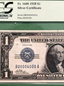 1928 $1 Silver Certificate Super Low Binary 1 Digit Number # B00004000A Top Rare - Picture 1 of 4