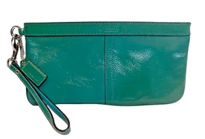 Coach Turquoise Patent Crinkled Leather Large Slim Zip Wristlet Wallet Clutch - Picture 1 of 12