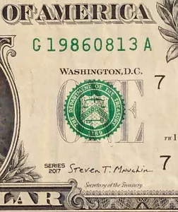 2017 $1 bill fancy serial number, birthday date note 19860813 August 13, 1986 - Picture 1 of 9