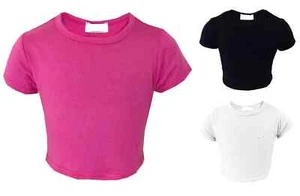 Girls Stretch Crop Top Short Sleeved Crew Neck Plain Summer Kids Jersey New - Picture 1 of 4
