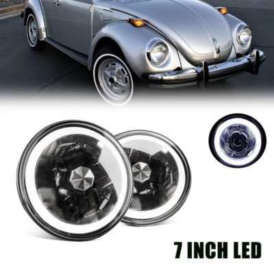 For 1950-1979 VW Beetle Pair 7" Inch Round LED Headlights Halo Cold White LH RH - Image 1 of 4