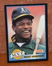 NICE PICTURE ON BASEBALL CARD OAKLAND A'S RICKEY HENDERSON 1990 AWARD WINNER MVP