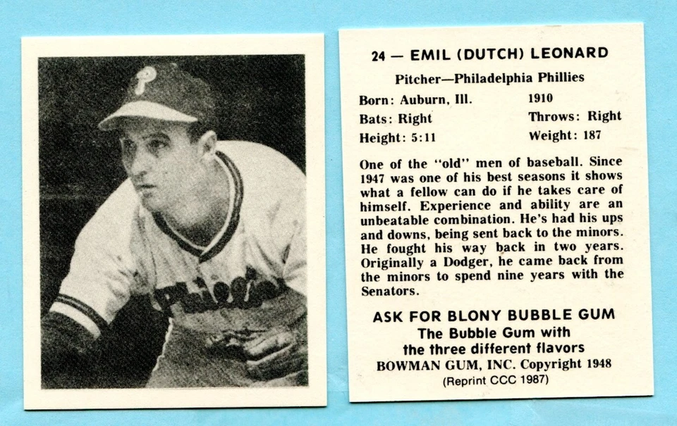 1948 Bowman Baseball Reprint #24 Dutch Leonard -- Philadelphia Phillies - Image 1 of 1