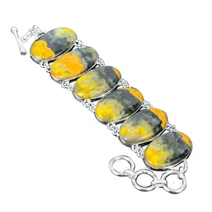 Valentines Deal Bumble Bee Jasper Stone Chain Bezel Bracelet Jewelry 925 Silver - Picture 1 of 7