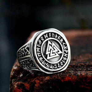 Viking Mystical Runes Totem Punk Ring Stainless Steel Celtic Wedding Signet Ring - Picture 1 of 4