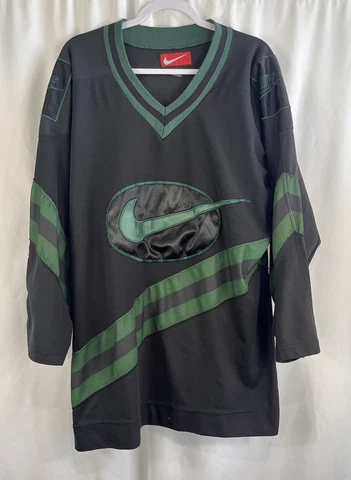 Vintage Nike Hockey Jersey Center Swoosh Size XL Long Sleeve Black Green 90s Cover