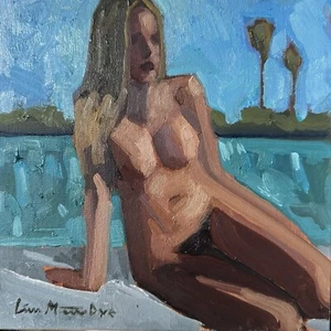 Original Painting Female Figure Pool Palm Springs Signed Liam 8x8” Art - Picture 1 of 3