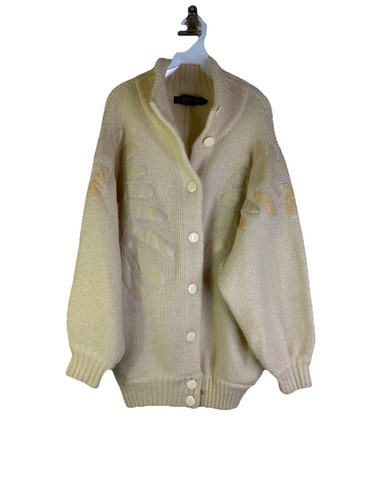 OFF WHITE Cardigan maglione cappotto vintage anni 80 donna piccolo mohair maglia ecopelle contrasto