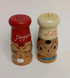 Vintage Napco Salt And Pepper Shakers Wooden Japan Salty and Peppy Retro 2-1/2"  - Picture 1 of 9