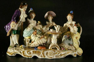 Antique Dresden VOLKSTEDT Porcelain Figurine Group Tea Time Three Lady One Man - Picture 1 of 8