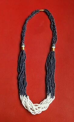 Collar llamativo vintage blanco azul negro hematita trenzado semilla rayas cuentas  Foto 1 de 4