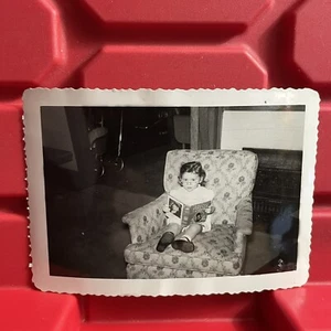 Young Girl Reading In Chair 4 1/2 x 3 1/8 Photograph Pre Owned Vintage 1950s - Picture 1 of 2