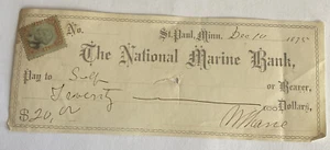 Vintage 1895 20 $ Scheck ~ National Marine Bank ~ St. Paul, Minnesota postfrisch ~ Finanzen - Bild 1 von 3