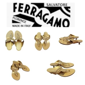 SALVATORE Ferragamo nailhead leather thong kitten heel sandals camel Size 8 - Picture 1 of 15