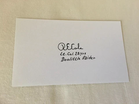 Lt Col Richard E Cole DEC’D AUTOGRAPHED 3x5 Index Card w/COA RARE INSCRIPTIONS Cover