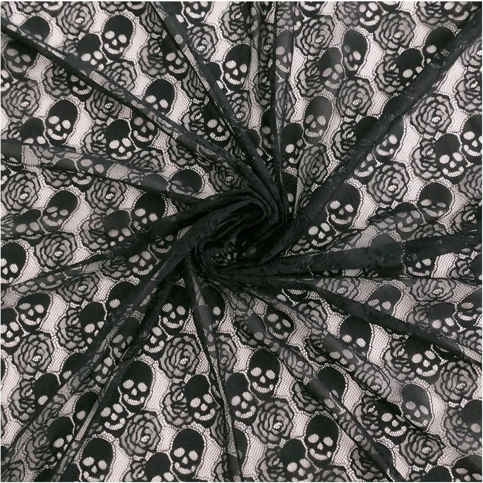Tela de encaje de 60 * 36 pulgadas, tela de encaje de patrón de calavera negra de 1 yarda, 1 yarda sin cuerdas Foto 1 de 1