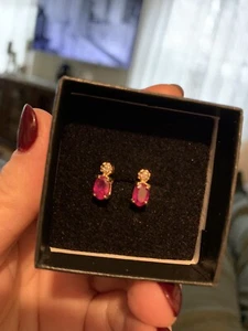 Diamond And Ruby Earrings 18K Yellow Gold Over Sterling Silver - Picture 1 of 6