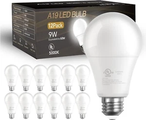 12 Pack A19 LED Light Bulbs 60W Equivalent 800LM 5000K E26 Daylight White - Picture 1 of 7