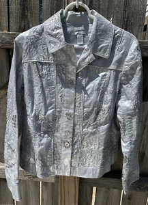 Chicos Metallic Silver Animal Print Embroidered Dressy Jacket Coat Size 1 - Picture 1 of 5