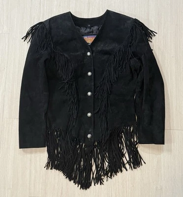 Vintage 80s Women’s Cripple Creek Black Suede Fringe Jacket Large Cowboy Western - Image 1 of 4