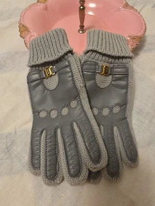 Vintage 70er Jahre warme Winterhandschuhe Leder & Strick grau Handfläche & Finger - Bild 1 von 6