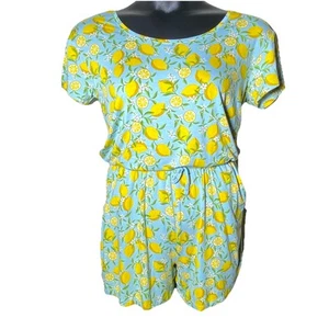 Alex’s Lemonade Blue Sz Medium Rayon Romper Pockets Beach Holiday Lounge Citrus - Picture 1 of 10