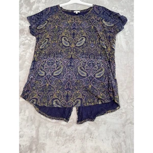 Top túnica Lucky Brand para mujer 1X estampado cachemir espalda dividida azul marino rosa amarillo - Imagen 1 de 13