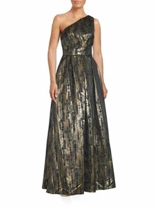 JS Collections Pleated Asymmetric Neck Gown Dress Sz 2 Black Gold - Picture 1 of 1