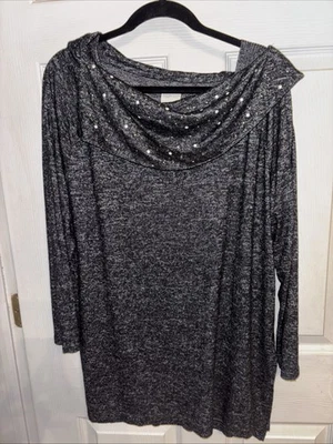 Top túnica Zenergy Chico's 2 = L negro jaspeado cuello capucha adornado con perlas doradas Foto 1 de 4