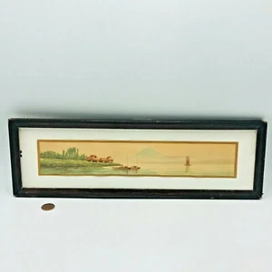 Antique Japanese Asian Watercolor Landscape Painting Boats Houses 12" x 2.5" - Picture 1 of 9