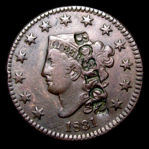 1831 Coronet Hair Large Cent ---- Nice Counterstamped BOSTON Coin ---- #GG190 Cover