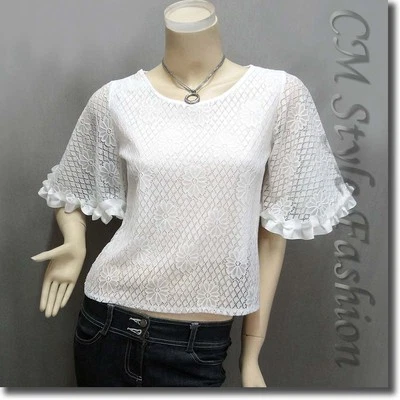 Blusa boho elegante de encaje transparente manga campana blanca S Foto 1 de 4