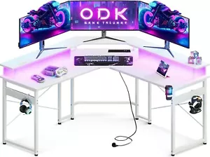 L Shaped Gaming Desk with 10 Colour Lights Power Outlet Corner Gaming Table with - Picture 1 of 8