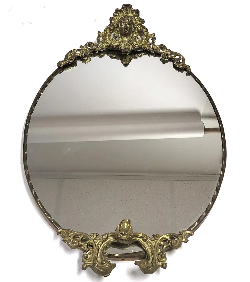 Espejo antiguo de latón con cresta - marco ovalado ornamentado - 16"x10" Foto 1 de 4