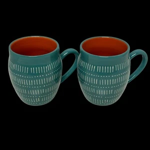 Set Of 2 Baum Tangier Ceramic Turquoise Orange 16oz Tea Cups Coffee Mugs - Picture 1 of 18