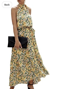 NEW Pretty Garden Boho Yellow Floral Spring Halter Maxi Tiered Dress Size Large - Picture 1 of 11