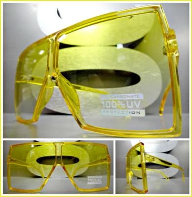 OVERSIZE VINTAGE RETRO SHIELD Style SUN GLASSES Large Square Yellow Frame & Lens - Image 1 of 4