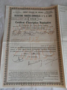 Vintage share certificate Stocks Bonds credit Foncier De France 1949 certificat - Picture 1 of 2