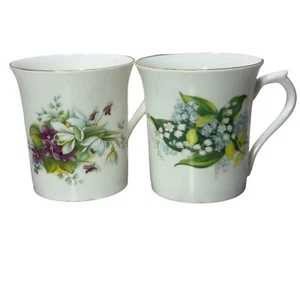 Set of 2 Vintage English Bone China Floral Mug Gold Rim Snowdrop Violets Lily - Picture 1 of 13