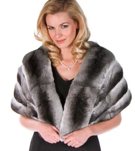 Women Real Rex Rabbit Fur Shawl Natural Chinchilla Printe Poncho Warm Cloak cape - Picture 1 of 7