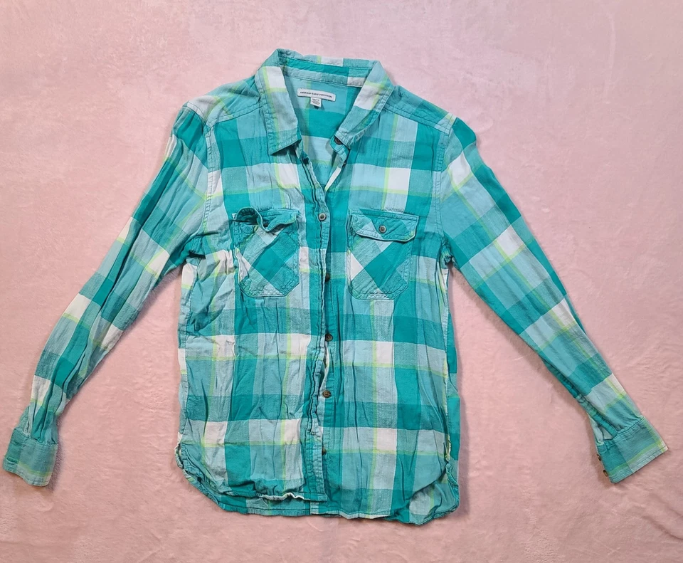 American Eagle Outfitters Teal White And Yellow Plaid Shirt Flannel Size XSmall - Image 1 of 4
