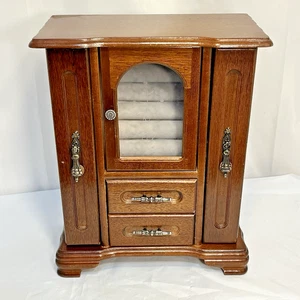 Vtg Wooden Jewelry Box Chest Armoire 3 Door Etched Glass Drawers Necklace Hooks - Picture 1 of 20