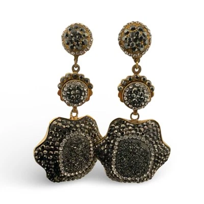 🖤 RUNWAY 🖤 3" SIGNED Jose & Maria BARRERA Black Gold 🖤 Neiman Marcus EARRINGS - Image 1 of 4