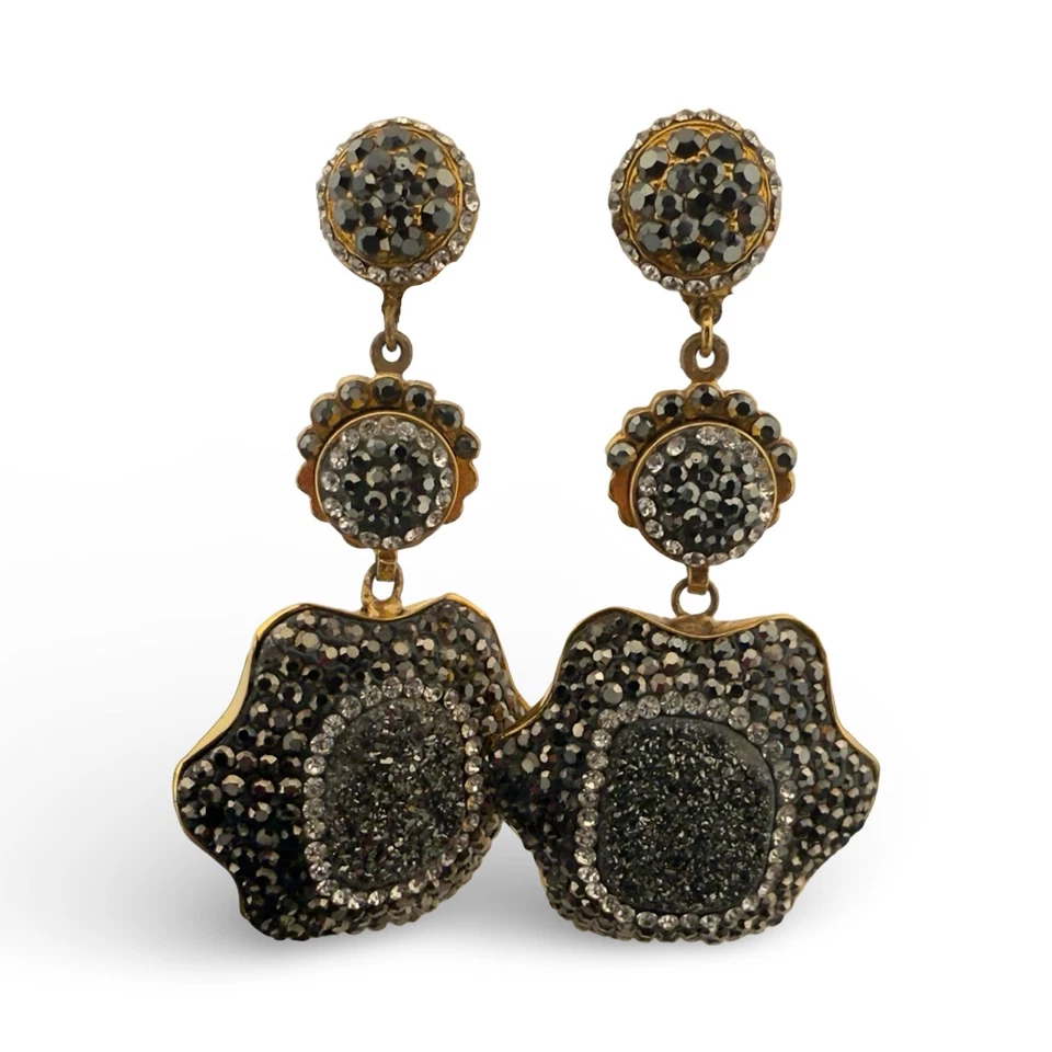 🖤 RUNWAY 🖤 3" SIGNED Jose & Maria BARRERA Black Gold 🖤 Neiman Marcus EARRINGS - Image 1 of 4