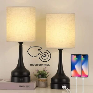 Set of 2 Touch Lamps with 2 USB Ports for Bedroom Bedside Table Lamp Metal Base - Picture 1 of 10