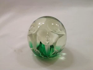 Clear Glass Glassware Decorative Paperweight w/ White & Green Floral Decor - Picture 1 of 1