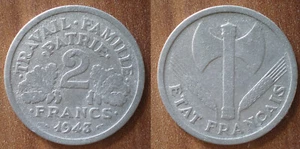 France 2 Francs 1943 Francisque Petain Vichy Coin Free Shipping Worldwide - Picture 1 of 3