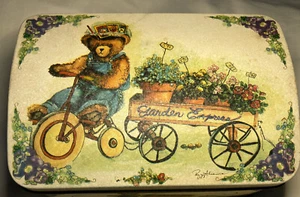 Decorative Tin of Bear Riding A Bike Pushing A Wagon With Flowers VINTAGE 1996 - Picture 1 of 8