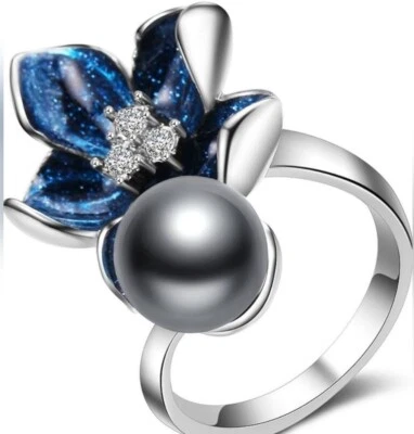 Anillo de flores, esmalte azul artesanal con anillos llamativos de perlas grises Foto 1 de 3